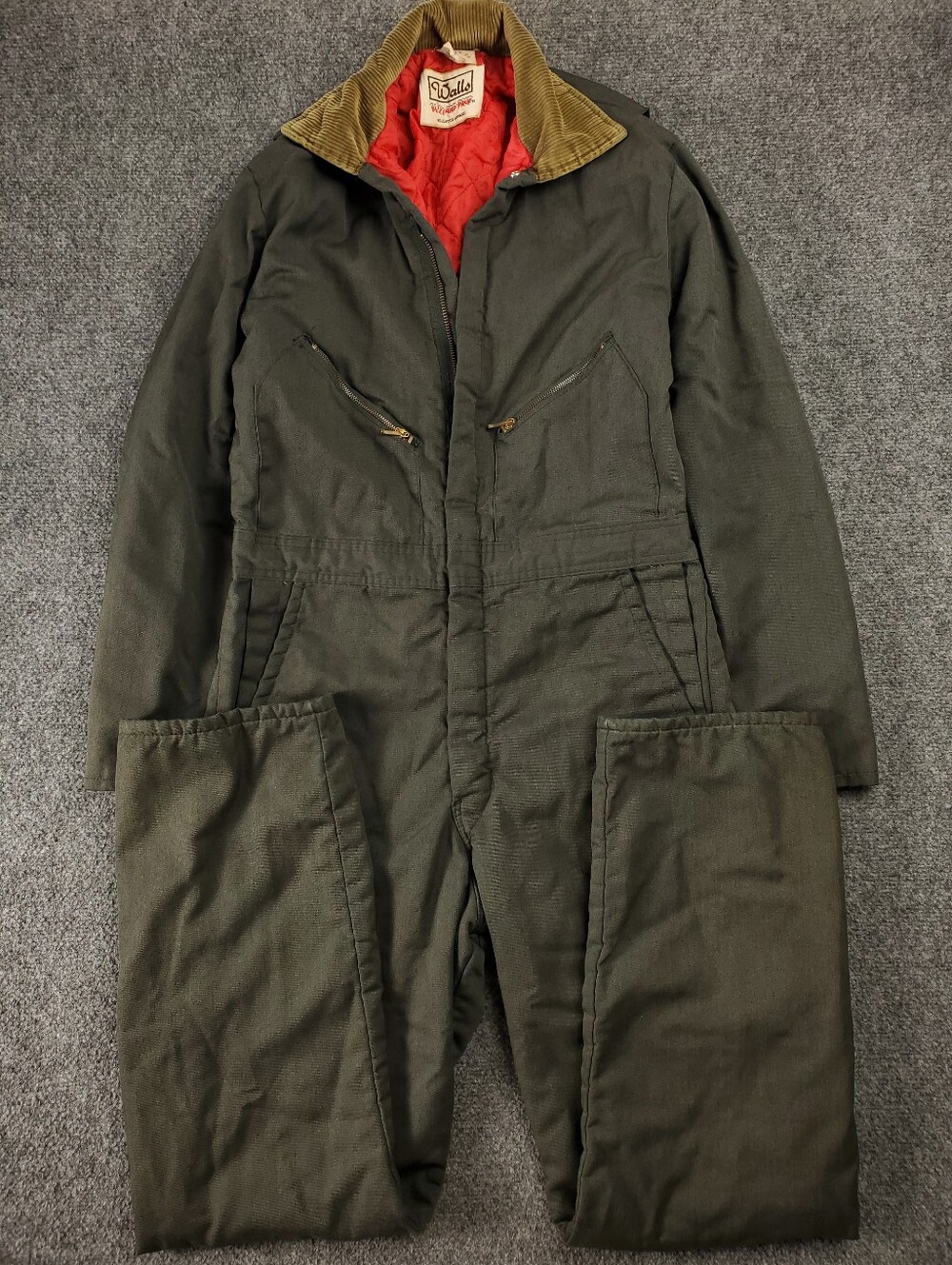 Vintage Walls Blizzard Pruf Insulated Coveralls Small Green Gray Corduroy Collar